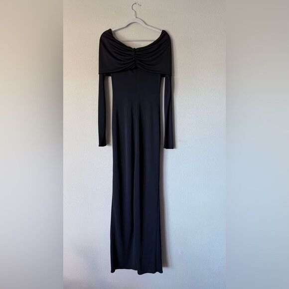 Helsa Matte Maxi Black Dress Jersey Off Shoulder Ruched Long Sleeve Size S - Picture 7 of 9